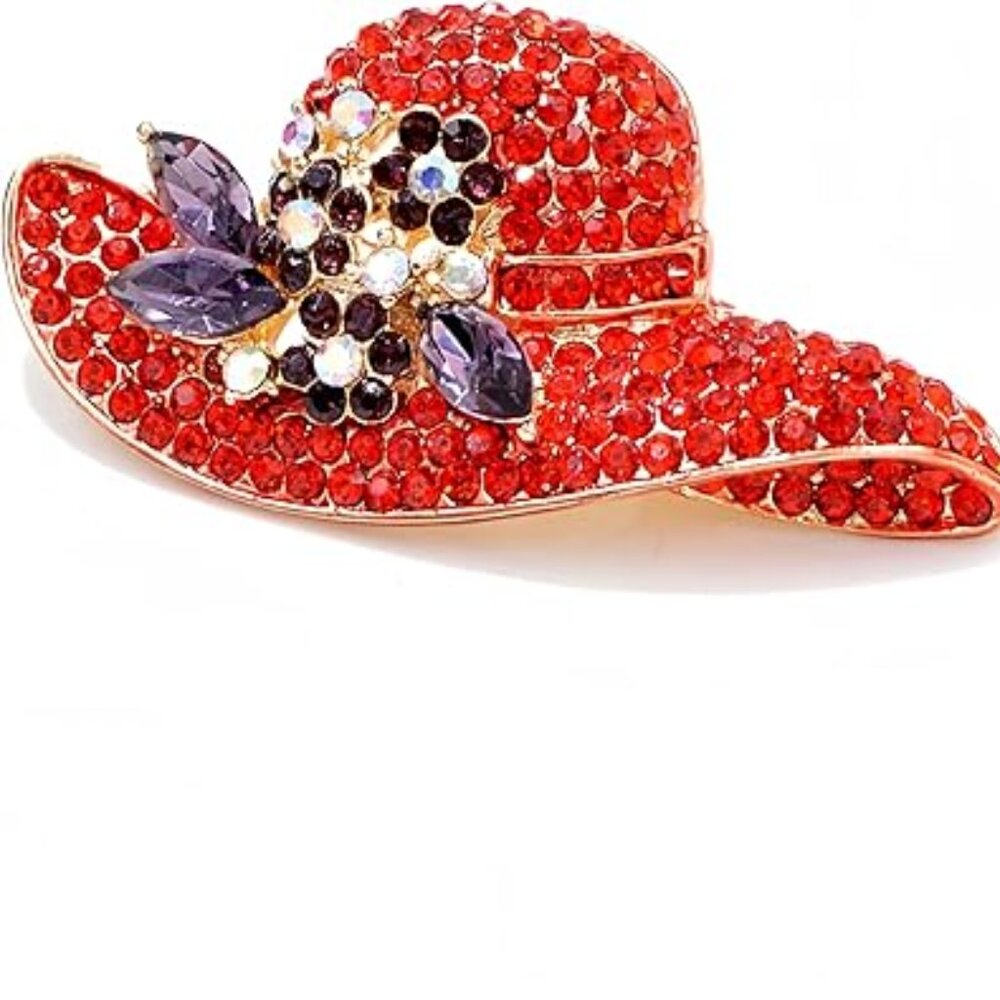 Red Sun Hat Brooch Rhinestones Bling